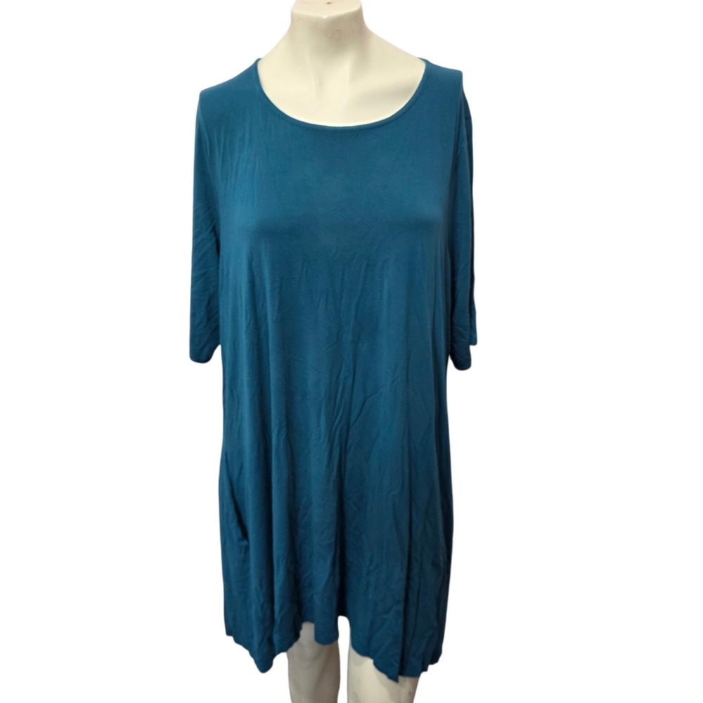 Eileen Fisher Woman 3X Teal Viscose Stretch Jersey Swing Shift Dress Plus Size